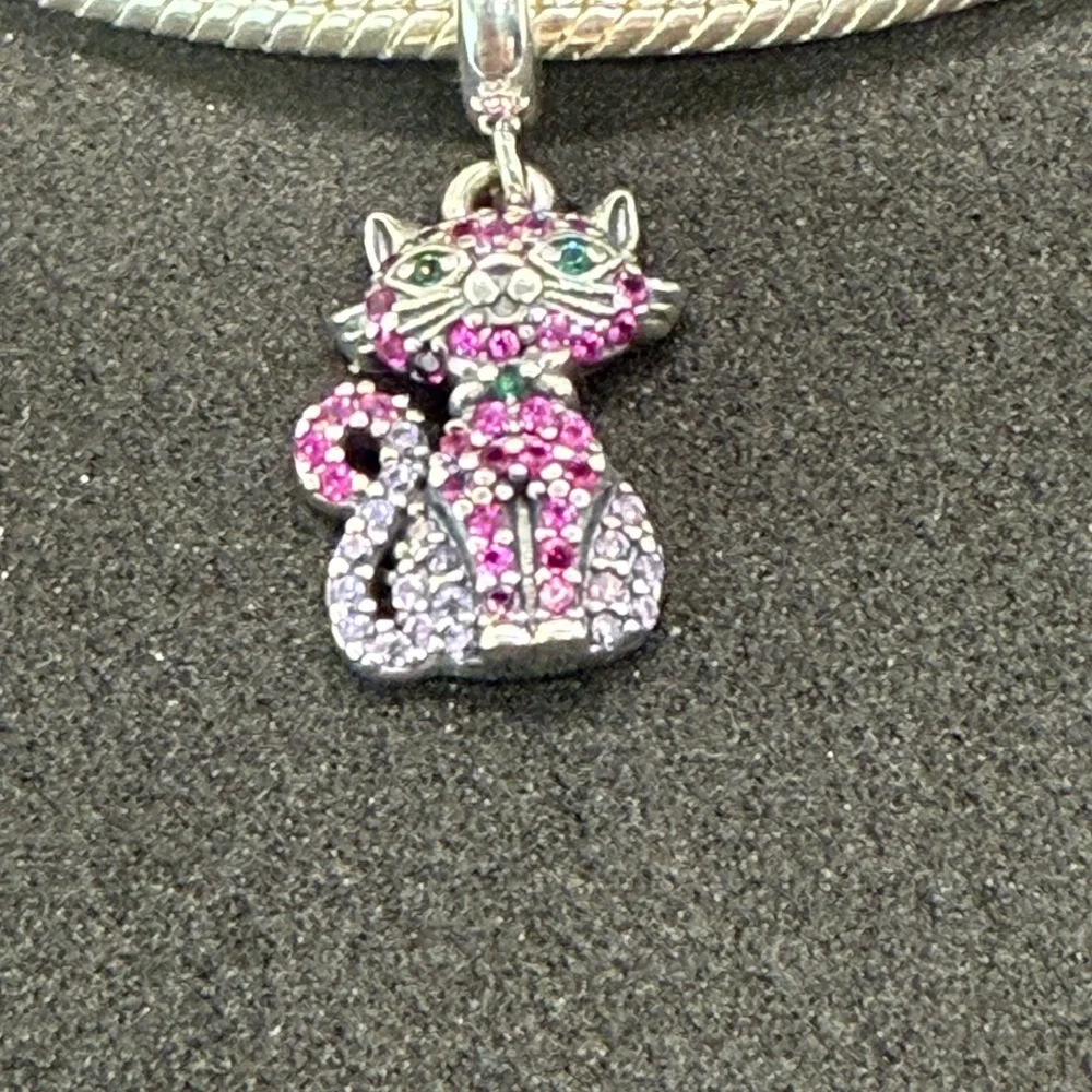 Sterling Silver Pink Crystal Cat Dangle Charm